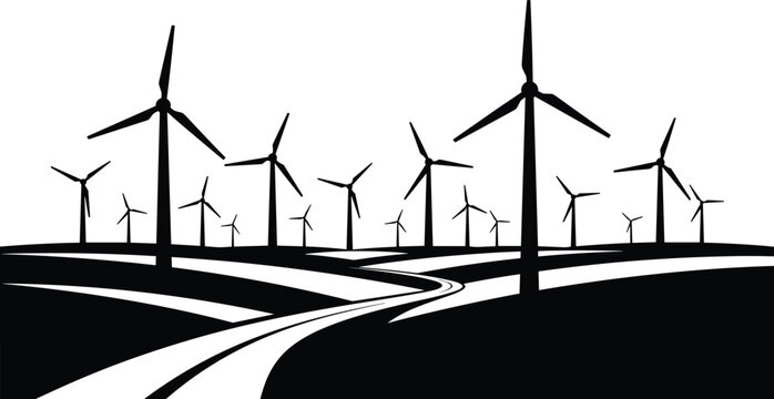 Silhouette of wind turbines on rolling landscape with road, symbolizing renewable energy, clean power generation, sustainable development, and eco friendly technology concept illustration