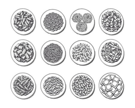 Types of pasta on plate vector sketch