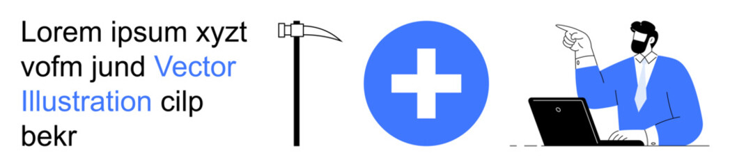 Obraz premium Healthcare, mortality, online services, decision-making, medical education, communication. Scythe icon, cross symbol person pointing at a laptop. Healthcare and mortality visually