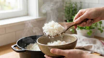 炊き立ての白いご飯とお箸：日本の食卓風景