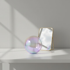 A minimalist white desk with a large iridescent bubble acting as a product stand