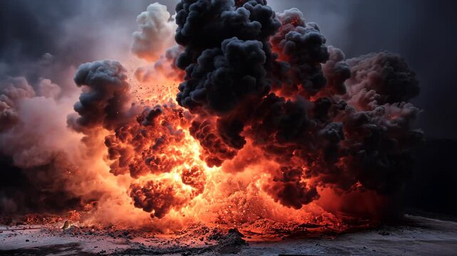 Dramatic explosion showcasing fiery reds and dark grays, with clouds of smoke billowing upward