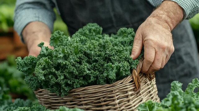 selective focus hands harvesting greens into wicker basket