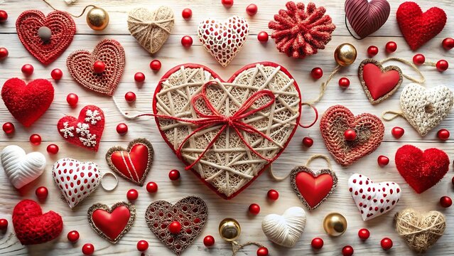 A plethora of heart-shaped objects scattered across a top background