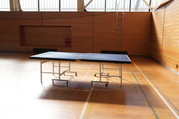 A ping pong table is in a gymnasium. The table is black and has four wheels