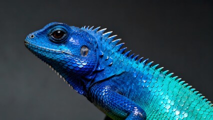 Obraz premium Extreme close-up of a vibrant, iridescent blue lizard with striking scales and texture.