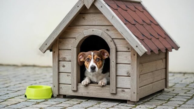 Cozy Canine Dog in wooden house with red roof  empty bowl.