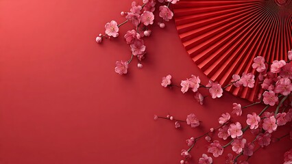 Vibrant red background with delicate pink cherry blossoms and a red paper fan, symbolizing spring and Chinese New Year.