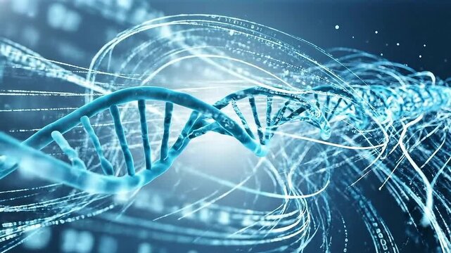 Dna genome genetics biotechnology healthcare molecular research data visualization blue helix, glowing double helix light trail illustration for genomics, gene therapy, precision medicine lab