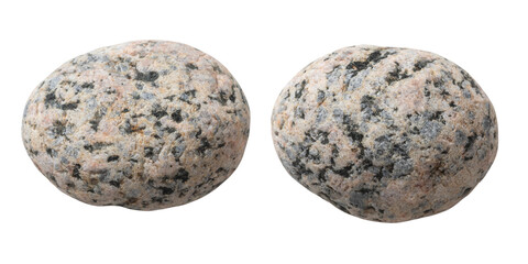 Two different sides of the same stone, isolated on a white background. Close-up of the pebble texture.