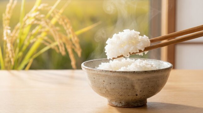 黄金色の稲穂が広がる田園風景と炊きたての白いご飯