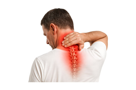 Man experiencing intense neck and upper back pain with highlighted spine and red inflammation on transparent background