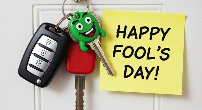 April fools day keychain and happy fool's day note on a door