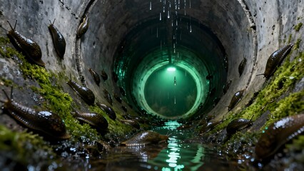 Mysterious Green Glowing Orb at the Bottom of a Dark, Moss-Covered Concrete Pipe
