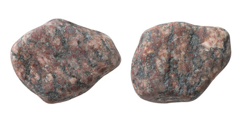 Two different sides of the same stone, isolated on a white background. Close-up of the pebble texture.