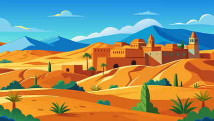 A vibrant blue ocean wave crashes with white foam, rendered in a mosaic-like, stained-glass illustration style against an orange sky filled with geometric stars and circles.