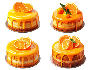 Set of four 3D illustrations of orange-flavored cakes, decorated with citrus, transparent background. More by ARNIKA ISLAM 
