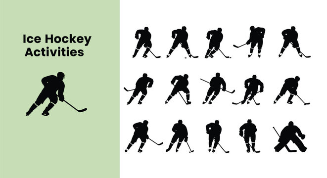 Collection of ice hockey player silhouettes demonstrating various dynamic actions like skating shooting and stick handling for sports graphics design