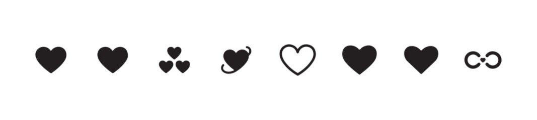 Set of various solid and outline heart pictograms for dating application interface or romantic concept