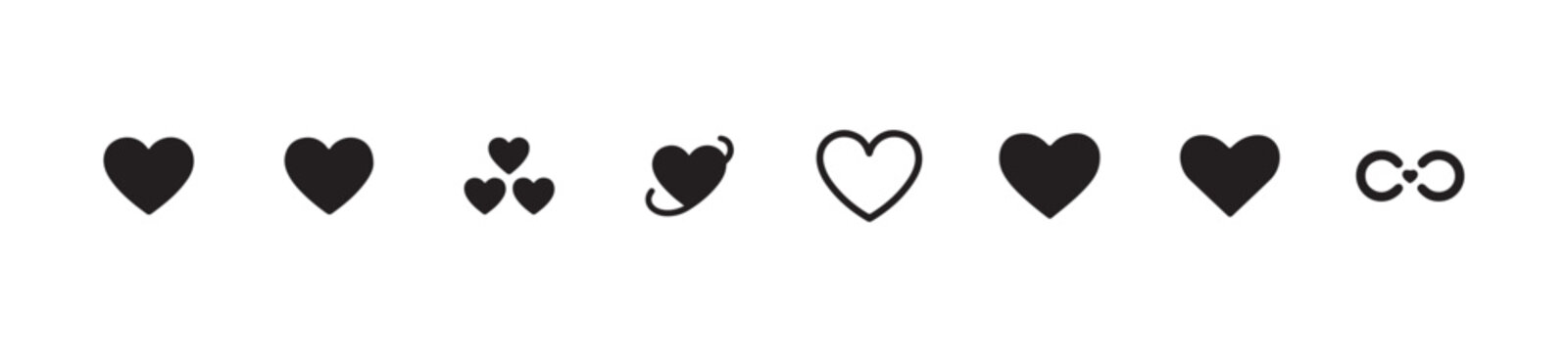 Set of various solid and outline heart pictograms for dating application interface or romantic concept