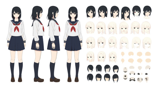 Detailed anime character design sheet for a schoolgirl includes various head angles, hair pieces, and facial features.