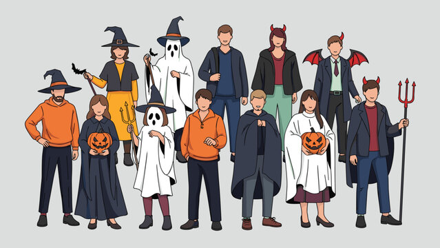 Large group of diverse people dressed in various Halloween costumes including ghosts, witches, devils, and classic spooky characters.