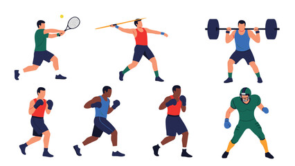 Fototapeta premium Silhouettes of athletes performing different sports activities like tennis, javelin throw, weightlifting, boxing, and football in various colors.