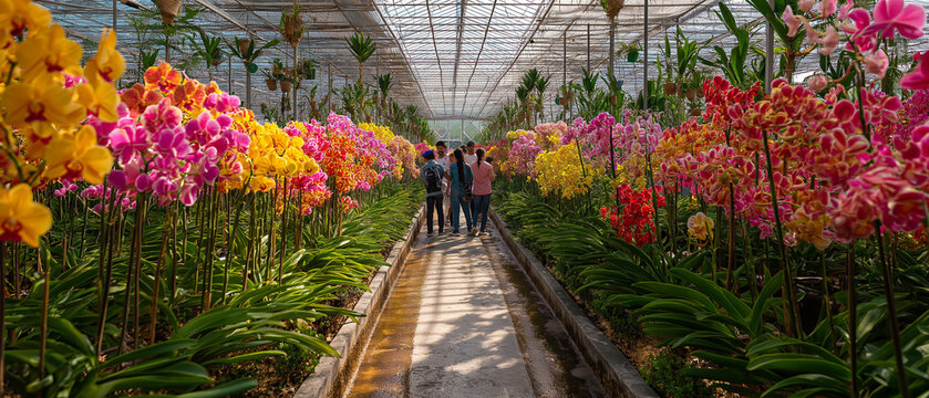 AI generator images of Large commercial orchid gardens cultivate popular orchid species such as Vanda and Mokara. The greenhouse structures use shade nets (Saran) to control the amount of sunlight. 