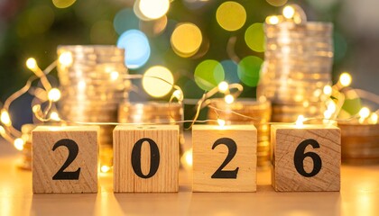 2026 wooden blocks, stacks of coins, holiday lights, bokeh background