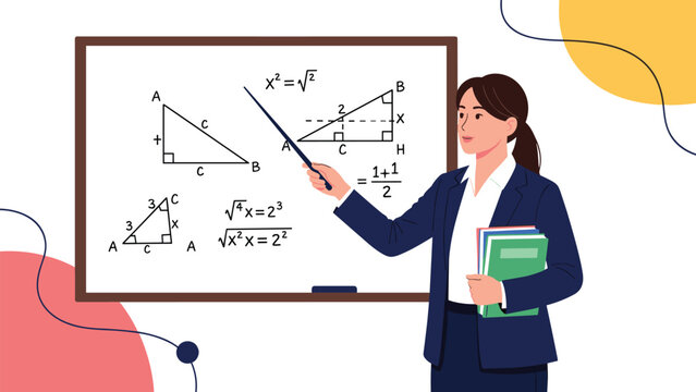 Female teacher standing in front of a whiteboard explaining complex geometry and algebra equations with a pointer and books.