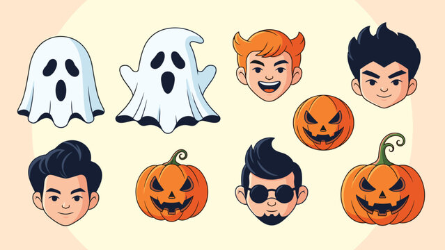 Collection of Halloween character faces including spooky ghosts, smiling boys, and carved pumpkins with various funny and scary expressions.