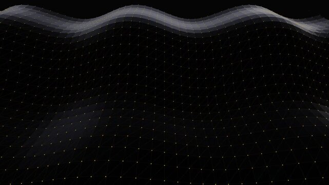 Dark 3D wireframe wave animation with gold dots and mesh