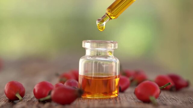 Drop of rose hip seed oil falling into a glass bottle in autumn, with green bokeh