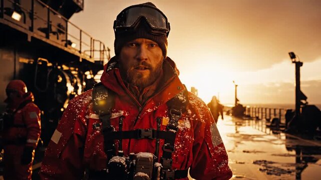Man in red jacket standing on dock at sunrise with camera equipment