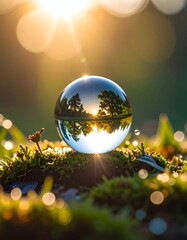 A crystal sphere reflects a sunrise scene, set amidst dewy moss