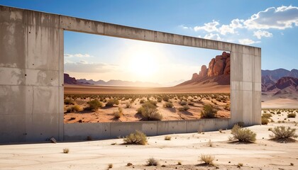 Concrete frame reveals desert vista with mountains under a bright sun