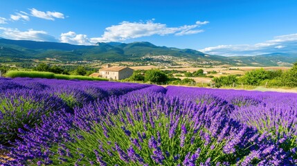 Obraz premium Stunning Lavender Field in Provence with Charming Farmhouse Background