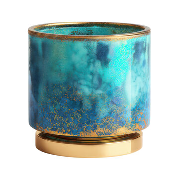 Modern turquoise ceramic planter pot with gold base, glossy textured flower pot decor for indoor houseplants and styling isolated on Transparent Background