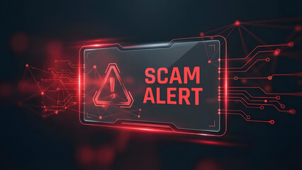 Fototapeta premium Scam alert warning display with red digital interface, online fraud detection, cybersecurity threat notification and scam prevention concept