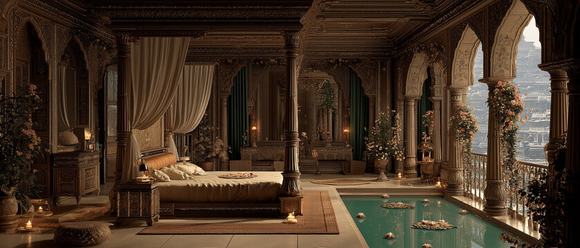 AI generator images oflarge, well-appointed bed sits beside a large indoor swimming pool in the center of the room. The interior design is luxurious and sophisticated, inspired by ancient Indian arch 