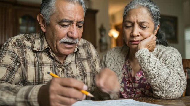 Concerned senior couple reviewing paperwork together at home. Calculating finances, planning expenses, or managing bills. Thoughtful and focused on documents. Family lifestyle and maturity concept.