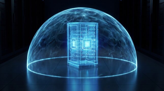 Secure server protected by digital security dome in data center, encrypted infrastructure defense, cybersecurity protection and protected network environment concept