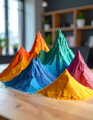 Vivid color powder mountains on a wooden table, blurred office background