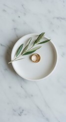 Olive leaf on white plate background.