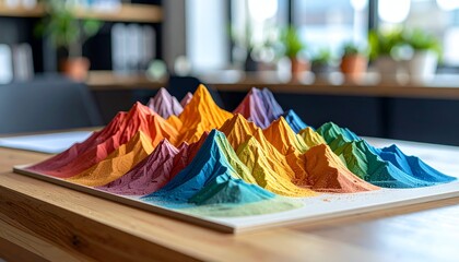 Colorful, granular mountainscape sculpture on a wooden desk