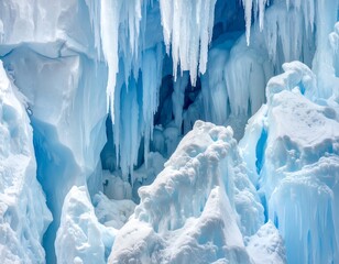 A close-up of a blue-tinged icy cave with hanging icicles