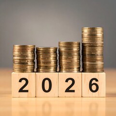 Stacks of coins on 2026 blocks, symbolizing financial growth