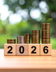 Stacked coins atop 2026 blocks, sprouting greenery, representing growth