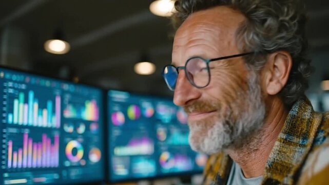 An experienced data analyst, with a contemplative expression, meticulously examines complex charts and graphs on multiple screens.