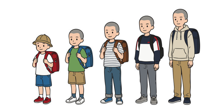 ランドセルを背負った男の子の成長過程のイラストセット 5段階